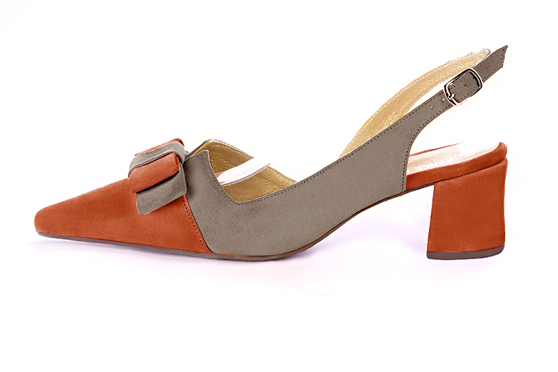 Terracotta orange and taupe brown women's open back shoes, with a knot. Tapered toe. Medium block heels. Profile view - Florence KOOIJMAN